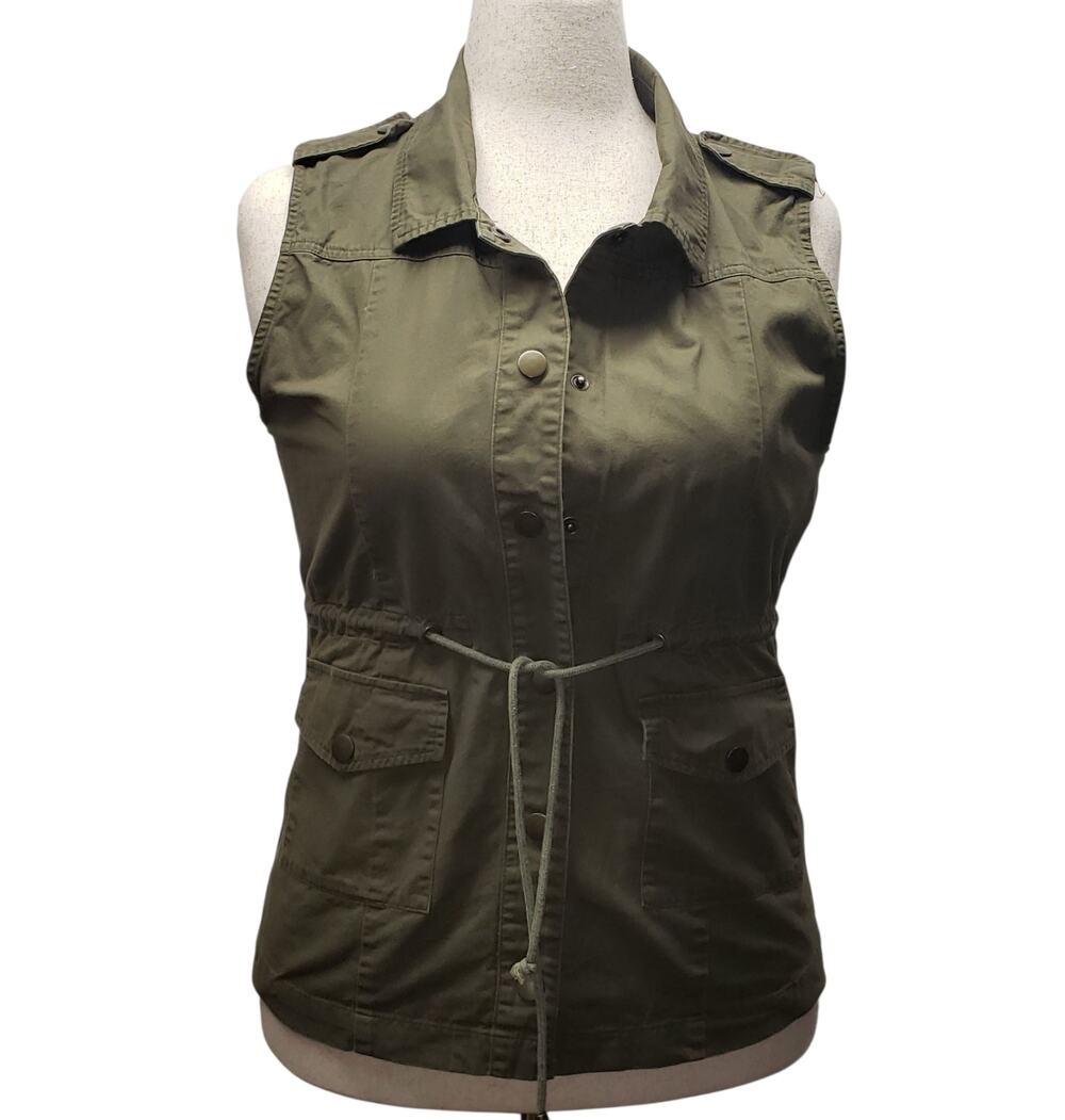 Swoon Olive Utility Vest L Boho Gorpcore Cabincore Adjustable Waist Snap Pockets
